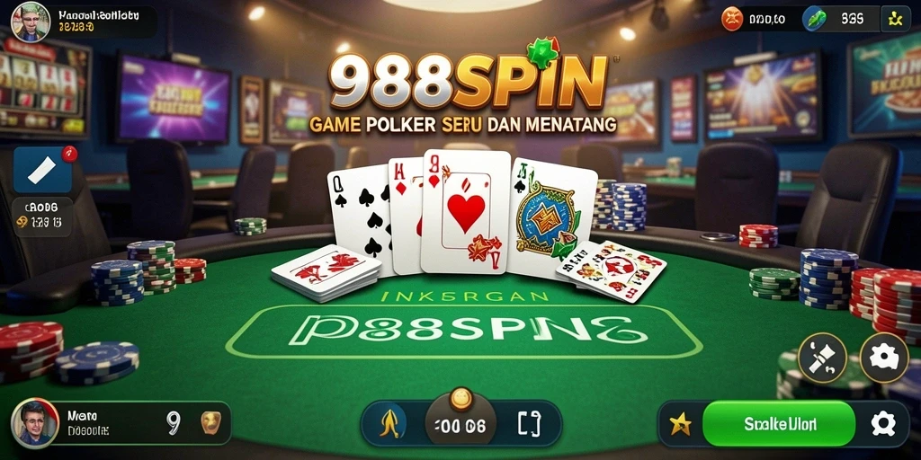 Tampilan utama gameplay Poker di 988SPIN yang menarik dan interaktif.